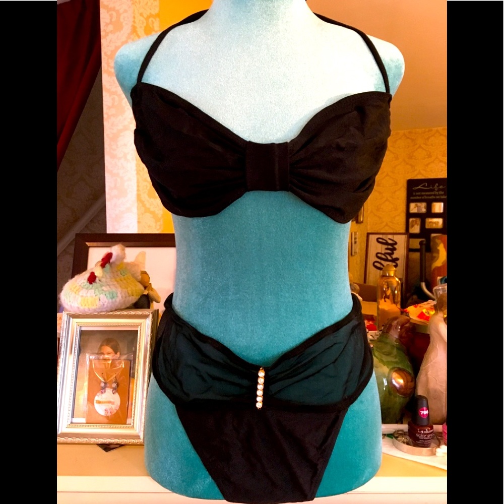 Vintage 80’s Black and Translucent Jeweled Bikini set size Large